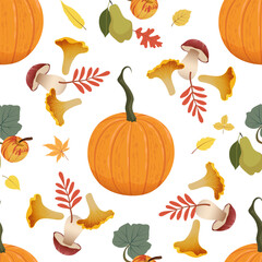Autumn harvest seamless pattern. Pumpkins, leaves, and mushrooms fall harvest on the white background for package design, cards, and fabrics.