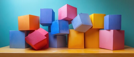 Obraz premium Colorful Geometric Shapes Arranged on a Wooden Surface