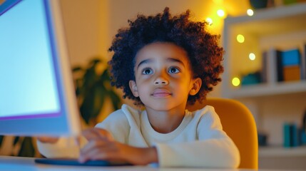 E-leaning concept. child in an online tutoring session, advanced digital tools on screen, bright and modern interface, child deeply engaged in the lesson.