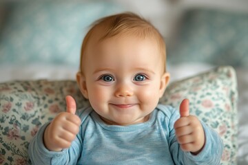 Adorable baby smiling and showing thumbs up gesture