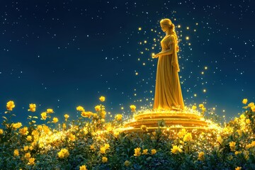 Enchanted golden goddess statue in glowing field of yellow flowers under starry night sky