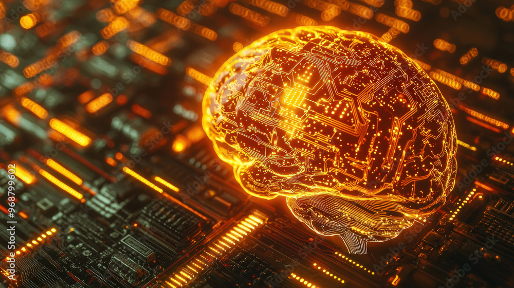 Poster a close up view of brain fused with glowing circuit board, showcasing intricate details and vibrant 