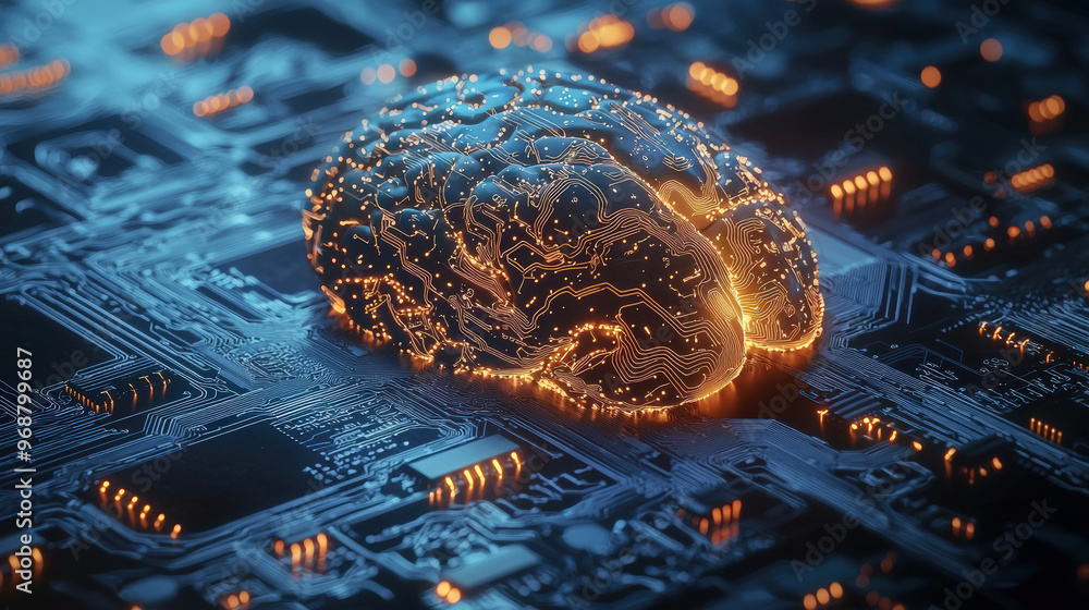 Poster a close up of brain fused with circuit board, showcasing intricate details and glowing elements that