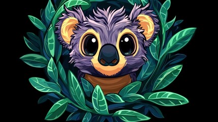 Fototapeta premium Cute Cartoon Koala Hiding in Green Leaves