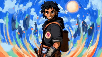 Smiling Adventurer in a Colorful Fantasy Landscape