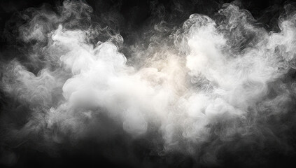 Obraz premium Captivating white smoke clouds swirling in darkness, abstract atmospheric composition with fine details and motion effects, black background, Created with AI.