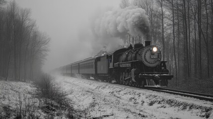 Obraz premium Powerful steam train blowing smoke traveling through forest in winter