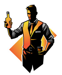 Stylish Bartender Holding Bottle, Vector Illustration, SVG, or PNG