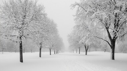 Snow covered path winding through trees covered in fresh snowfall