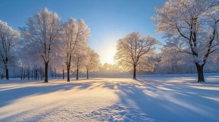 Fototapeta premium Winter sun shining through snow covered trees