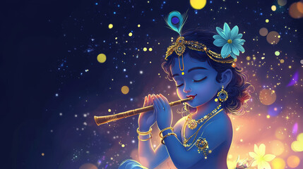 Fototapeta premium A beautiful illustration of Lord Krishna playing flute, surrounded by magical atmosphere filled with sparkling lights and flowers. serene expression evokes sense of peace and joy