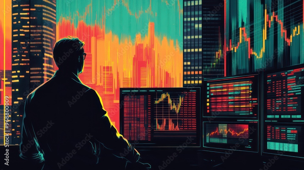 Poster A Silhouette of a Trader in a Cityscape with Stock Market Data