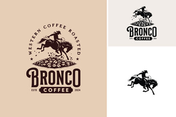 A Cowboy Ride a Horse, Bucking Bronco Rodeo with a pile of arabica robusta beans for coffee roasted factory or cafe vintage label logo design