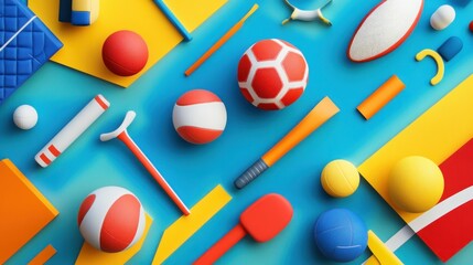 Colorful Sports Equipment and Geometric Shapes on a Blue Background