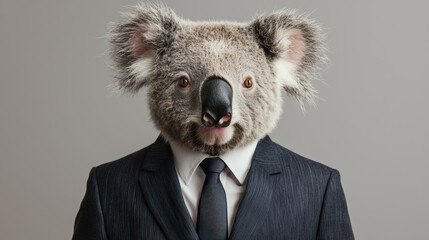 A koala in business suit stands confidently against minimal background, exuding relaxed yet professional vibe. This unique blend of animal and attire creates an intriguing visual