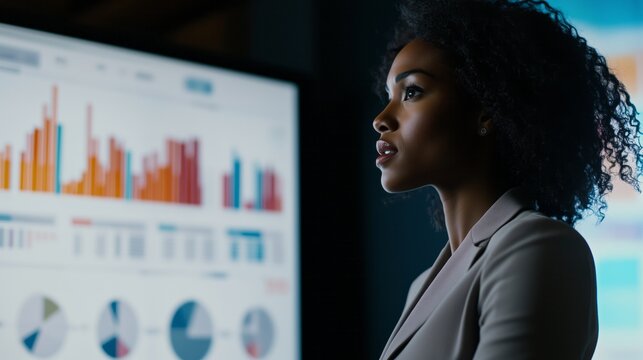 African American businesswoman presenting on a screen with charts and graphs
