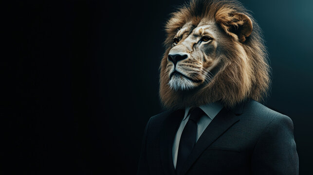 A lion in sleek business suit stands confidently against dark background, exuding power and elegance. This striking image blends majesty of lion with sophistication of formal attire, creating unique v