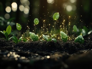 Vibrant green seedlings emerge from rich soil, illuminated by enchanting light, symbolizing growth and new beginnings in nature.