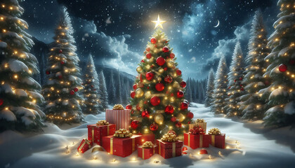 Obraz premium A beautifully decorated christmas tree adorned with red and gold ornaments and topped with a bright star stands in a snowy landscape