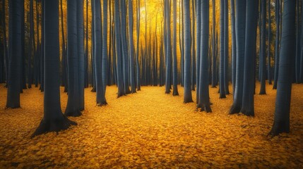 Golden Autumn Leaves Amidst Dark Tree Trunks in a Forest