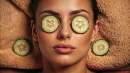 Top view, skincare and woman with cucumber on eyes at massage table in spa for peace, relax or wellness. Mask, above and person with vegetable on face for natural beauty or healthy organic treatment