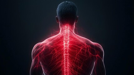 Abstract image of back muscles with deep aching pain, glowing with red tension, muscle ache, chronic pain visualization