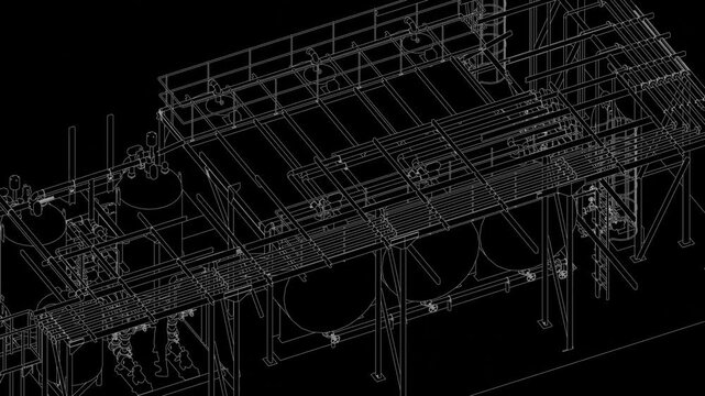 Industrial refinery plant seamless 3d loop animation, blueprint linework