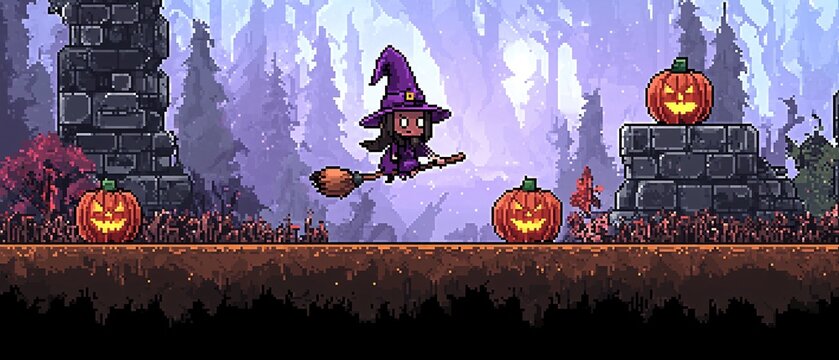 Halloween banner. Retro and vintage advertisement with 8 bit pixel art style