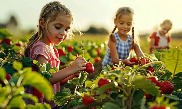 Children picking fresh strawberries in a field, bright red berries, hyperrealistic . Video