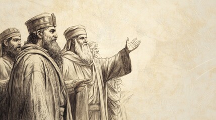 Fototapeta premium Othniel, Ehud, and Shamgar, Othniel Greeted with Joy and Gratitude by Israelites after Defeating King of Aram, Biblical Illustration, Bible Wall Art on Beige Background