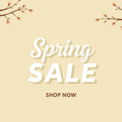 A minimalistic spring sale banner featuring "Spring SALE" in white text with a beige background, surrounded by blooming cherry blossom branches
