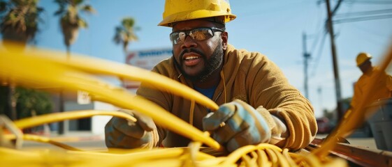 A determined worker focuses on his task, managing electrical cables in an outdoor construction site under a clear blue sky.
