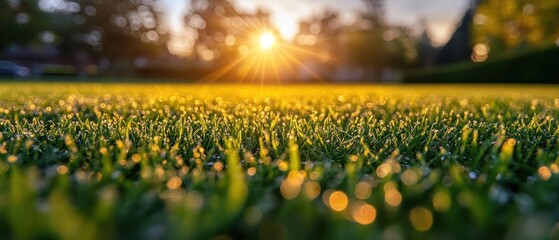 Obraz premium Close-Up of Dew-Covered Grass with a Blurry Sunlit Background