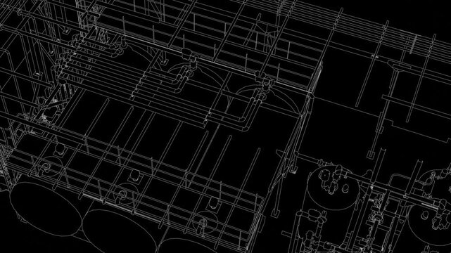 Industrial refinery plant seamless 3d loop animation, blueprint linework