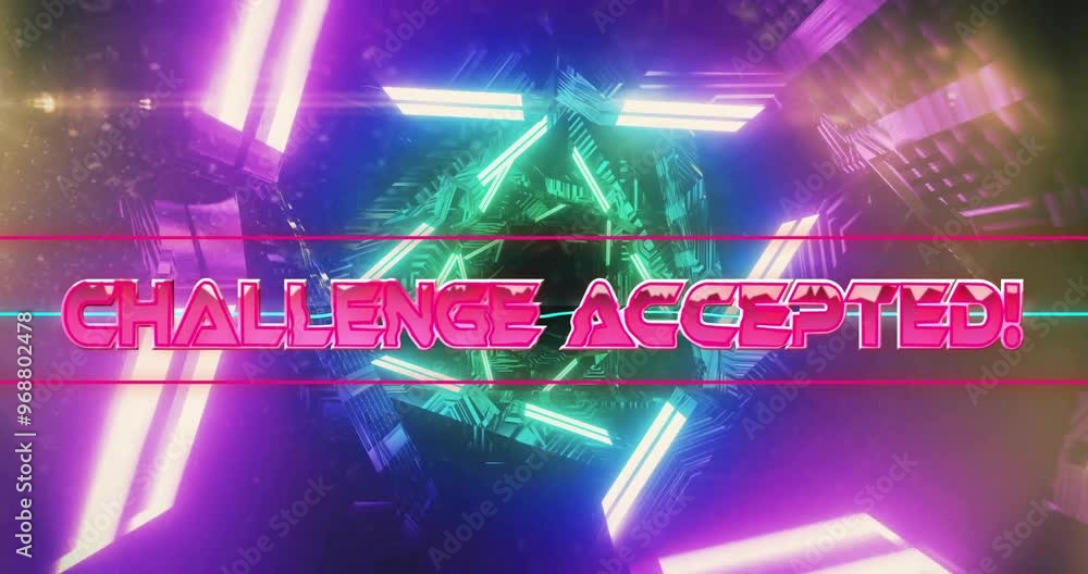 Poster Animation of challenge accepted text over neon pattern background