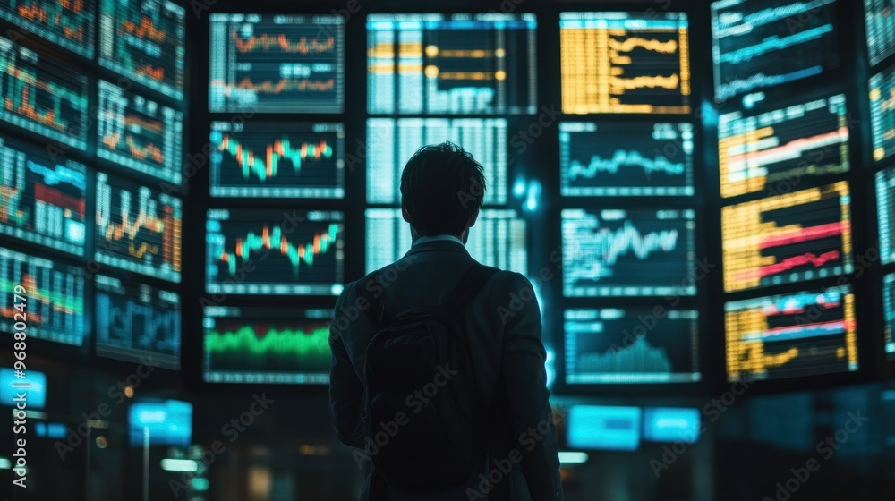 Poster A Silhouetted Man Observing Data on Multiple Screens