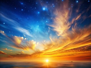 Orange sunset background with cool blue horizon, gradually fading to a warm golden hue, surrounded by wispy clouds and a few distant stars