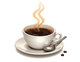 A steaming cup of black coffee with a saucer and spoon, small steam trails rising, isolated on white.
