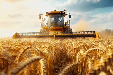 Fototapeta premium Wheat field at harvest with sunlight, golden stalks, and a distant harvester in the background