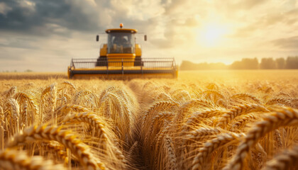 Fototapeta premium Wheat field at harvest with sunlight, golden stalks, and a distant harvester in the background