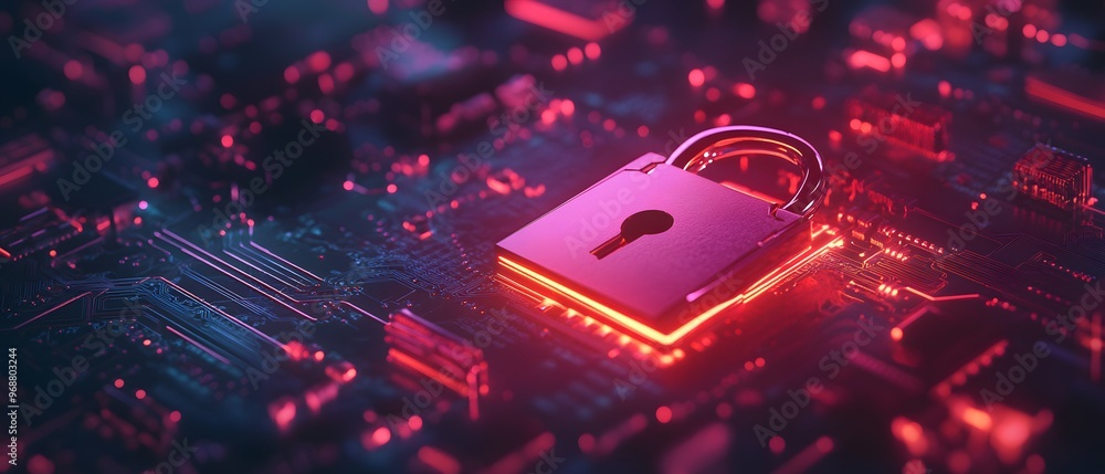Poster a vibrant digital lock on a circuit board, symbolizing cybersecurity and data protection in a modern