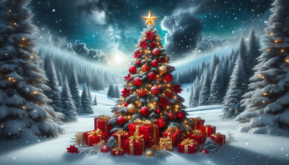 A beautifully decorated christmas tree adorned with red and gold ornaments and topped with a bright star stands in a snowy landscape