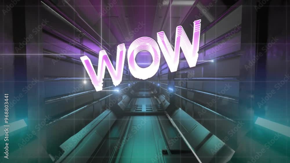 Poster animation of wow text over neon pattern background