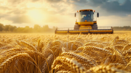 Wheat field at harvest with sunlight, golden stalks, and a distant harvester in the background