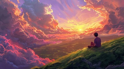 Fototapeta premium a painter was sitting on the edge of green hills looking at the colorful evening sky with wavy clouds and sunlight creeping between the gaps in the clouds.