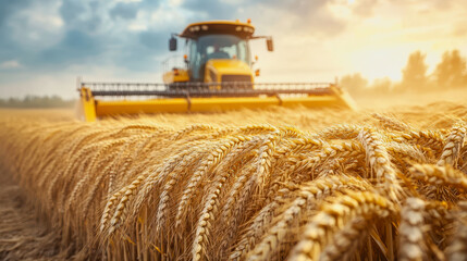 Wheat field at harvest with sunlight, golden stalks, and a distant harvester in the background