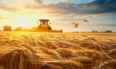 Fototapeta premium Wheat field at harvest with sunlight, golden stalks, and a distant harvester in the background