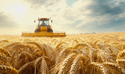 Fototapeta premium Wheat field at harvest with sunlight, golden stalks, and a distant harvester in the background