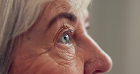 Senior, eyes and vision with closeup of woman for medical exam, thinking and optometry. Wrinkles, retirement and healthcare with person for eyesight wellness, contact lens and ophthalmology test © David/peopleimages.com