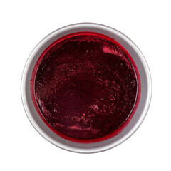 aluminum basin with plum jam isolated on a white background top view